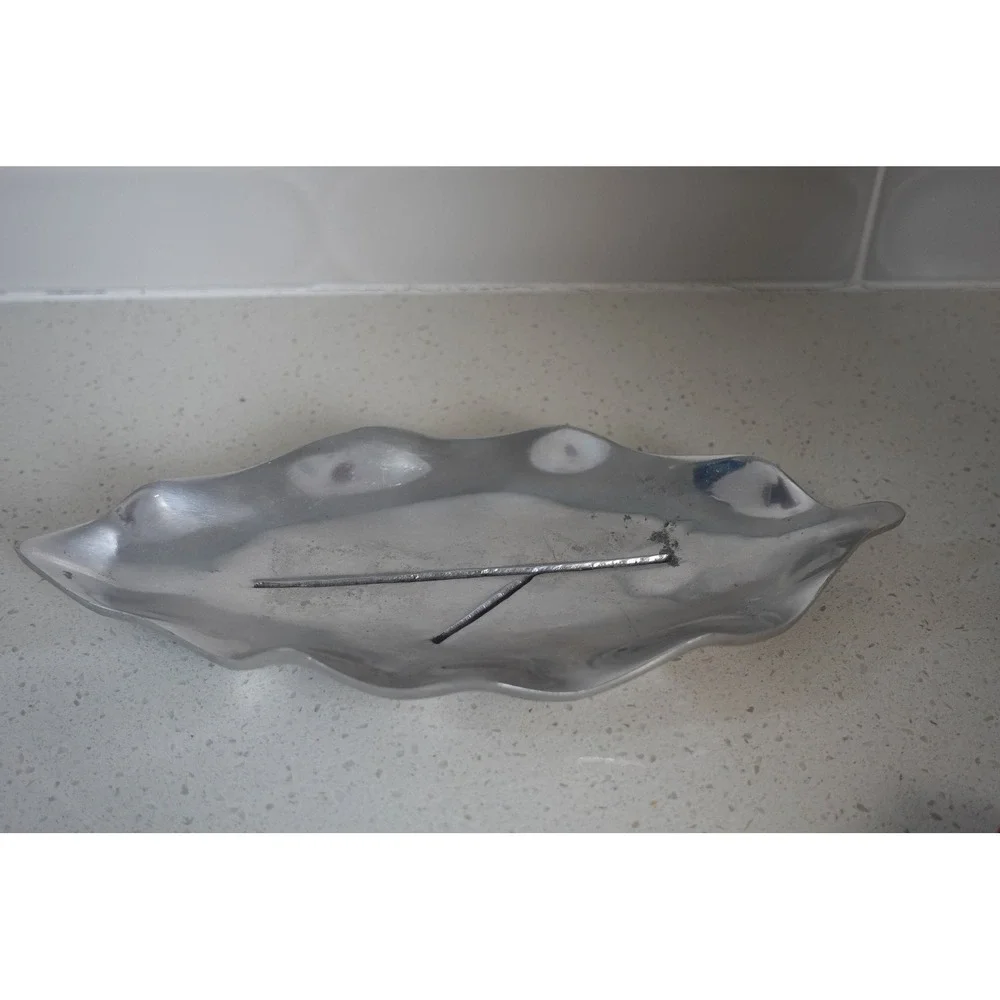 vintage trinket holder leaf shape pewter with patina 9 inches‎ long